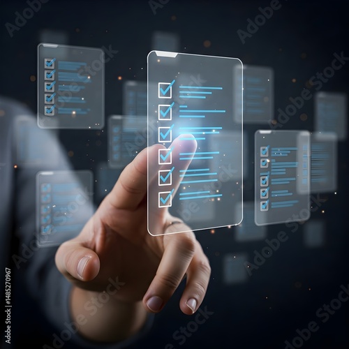 A hand interacts with a digital checklist on a glowing transparent screen, showing completed tasks. A hand interacts with a virtual screen displaying a completed checklist representing productivity.