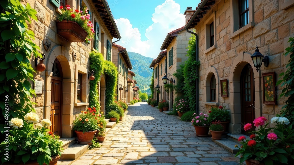 Fototapeta premium Picturesque stone street lined with charming houses, vibrant flowers in pots, and lush greenery creating a tranquil, idyllic setting