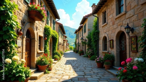 Picturesque stone street lined with charming houses, vibrant flowers in pots, and lush greenery creating a tranquil, idyllic setting