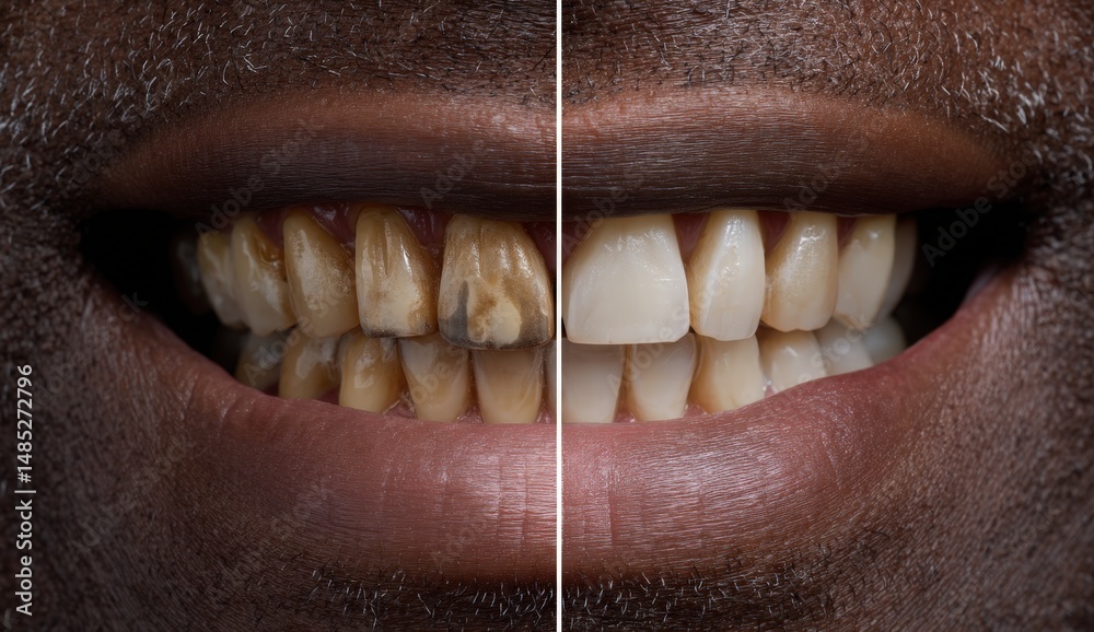 Obraz premium Close-up of African male before and after teeth whitening.