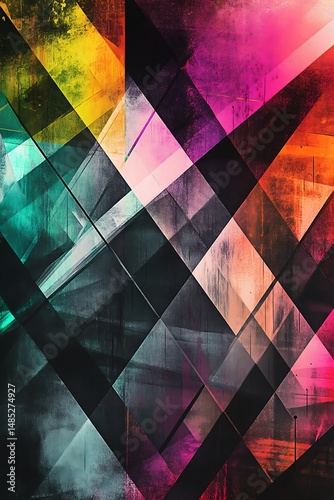 Dynamic Geometric Composition Featuring Light Highlights, Diagonal Lines, And Multicolored Overlapping Shapes - Empty Template
