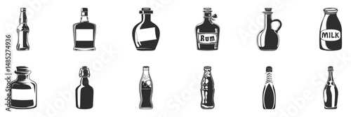 Beverage Bottle Silhouette Set. Diverse Drink Containers For Alcohol, Milk, And Soda. Isolated Vector Illustration Collection