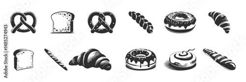 Bakery Goods Silhouette Set. Bread, Pastries, And Donuts In Vintage Style Isolated Vector Illustration Collection