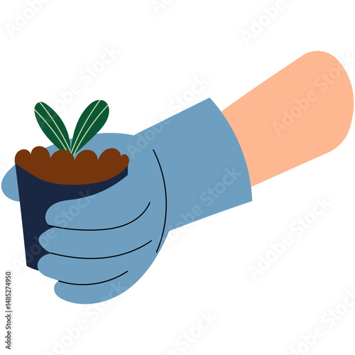 Hand in Glove Holding Small Plant Pot. Gloved hand gently holding a small pot with a green sprout. Home gardening.