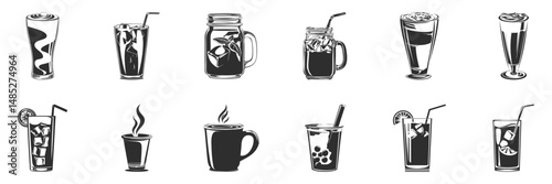 Silhouette Of Various Beverage Glasses And Mugs. Drink Variety And Presentation Concepts. Isolated Vector Illustration Collection