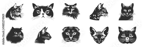 Cat Breed Silhouettes Set. Diverse Feline Heads In Black And White Isolated Vector Illustration Collection