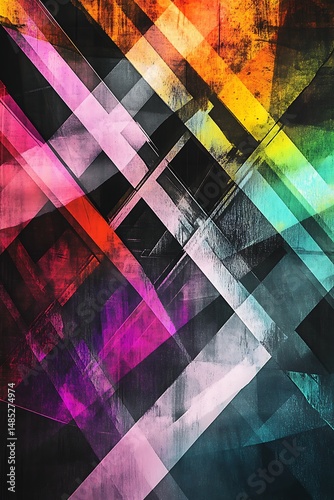 Dynamic Geometric Composition Featuring Light Highlights, Diagonal Lines, And Multicolored Overlapping Shapes - Empty Template