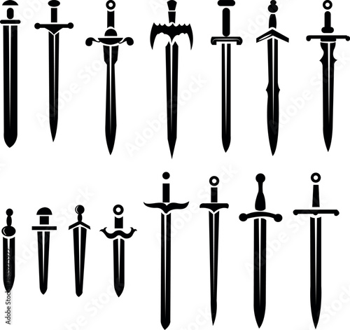 Collection of stylized medieval swords silhouettes in vector design for creative illustrations