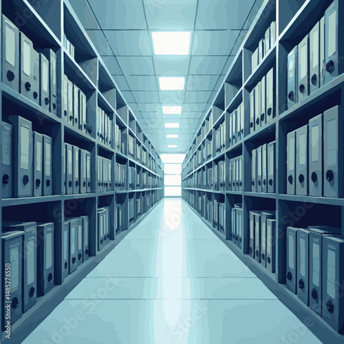 Warehouse and Library Interior Vector Illustration Featuring Storage Shelves, Business Office, Factory, Archive, Logistics, Inventory Management, Organization, Commercial Space, Equipment,