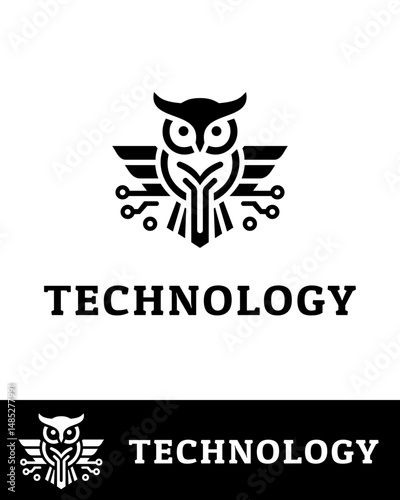 Modern black and white logo featuring a stylized owl with circuit elements, symbolizing intelligence, innovation, and digital connectivity