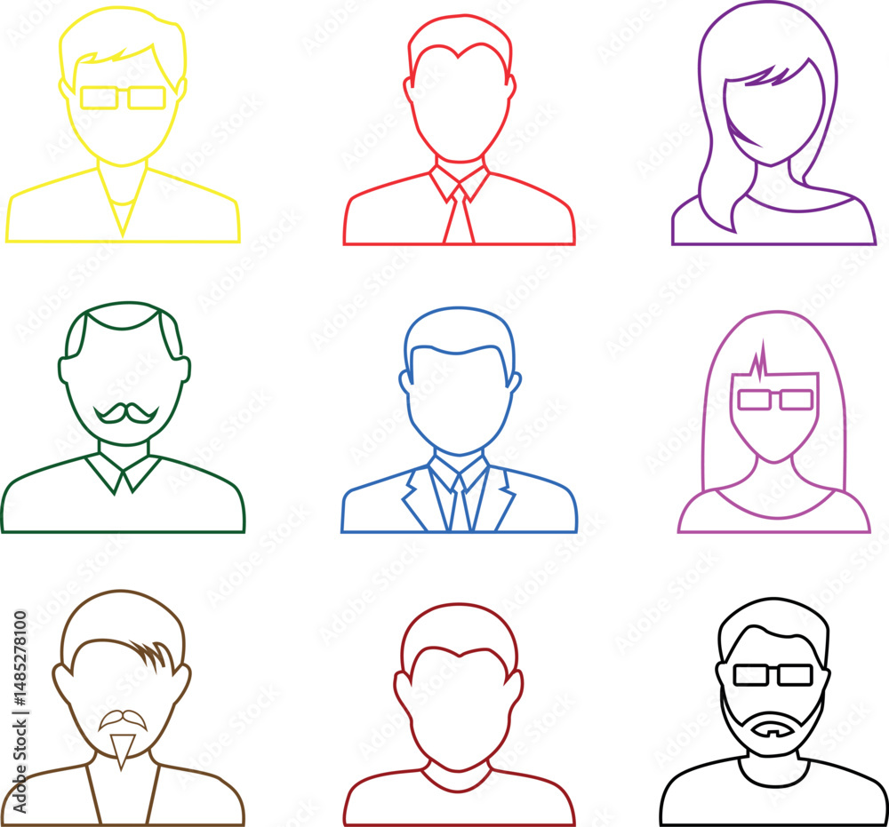 Colorful outline portraits of diverse people depicting various professions and personalities