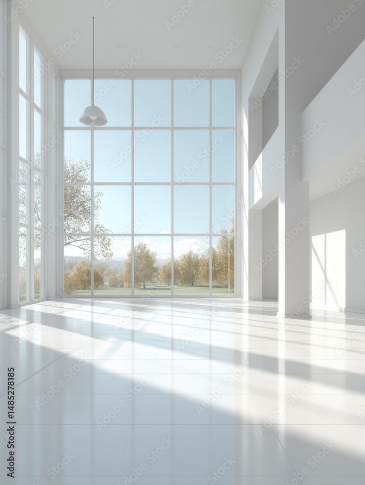 Fototapeta premium Bright White Modern Interior with Large Windows Overlooking Trees, Minimalist Style, Architecture and Design, Sunny Day