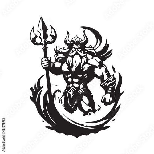 black and white cartoon illustration God Sea Poesidon neptune