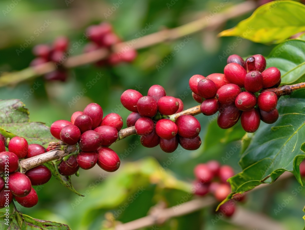 Obraz premium Close-up of ripe coffee cherries growing on a branch in a lush plantation setting, natural light, vibrant colors, tropical location