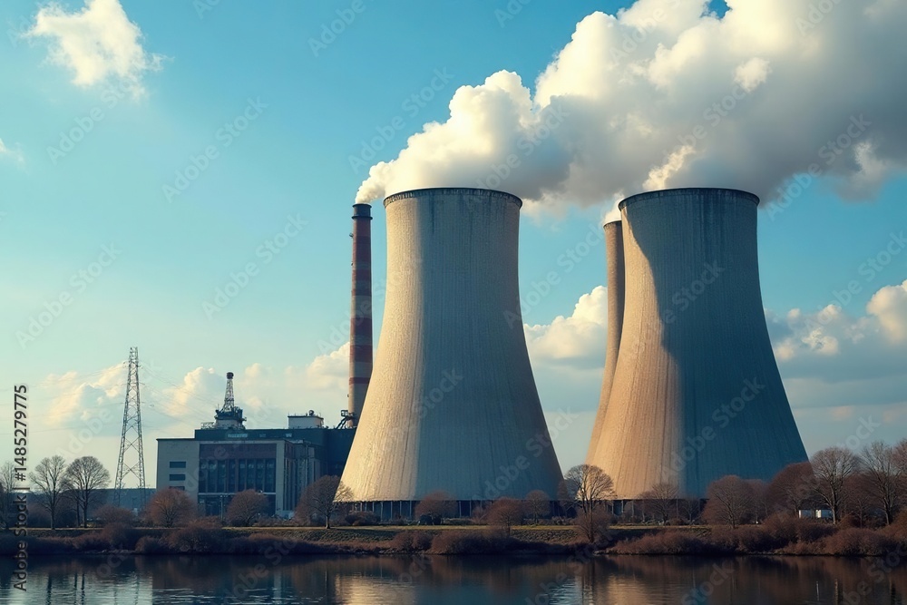 Large industrial power plant, smokestacks emitting steam, power grid, clean energy, renewable Large industrial power plant, smokestacks emitting steam, power grid, clean energy, renewable