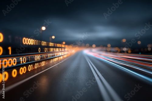 Data stream travels on road, showing future tech concept for data connection
