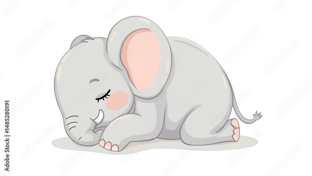 Fototapeta premium Cartoon styled cute sleeping elephant baby isolated on white
