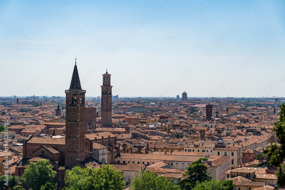 Obraz premium Verona, Italy – Aerial View of Historic Cityscape and Bell Towers – May 2, 2025