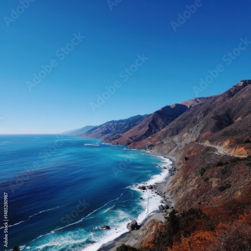 Scenic California Coastline View from Above with Turquoise Ocean Water and Rugged Mountains on a Sunny Day