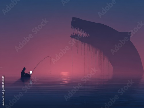 Man fishing with laptop in boat while giant shark looms large in the water at sunset conceptual illustration