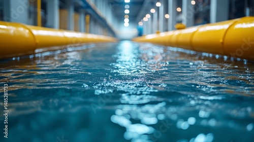 Water filled channel with yellow pipes runs the length of a factory setting