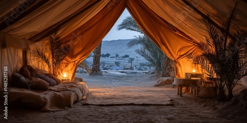 Desert tent interior at dusk, with pillows, bed, carpet. Vacation concept