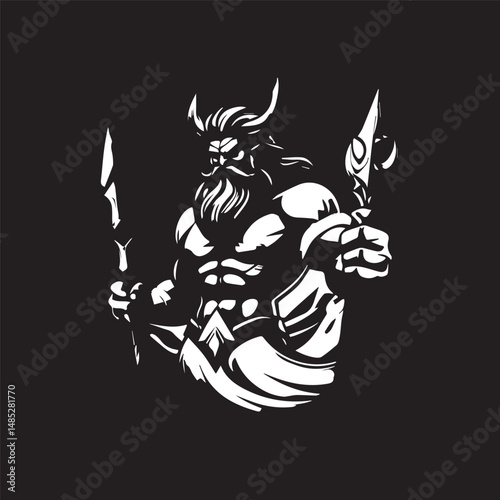 black and white cartoon illustration God Sea Poesidon neptune