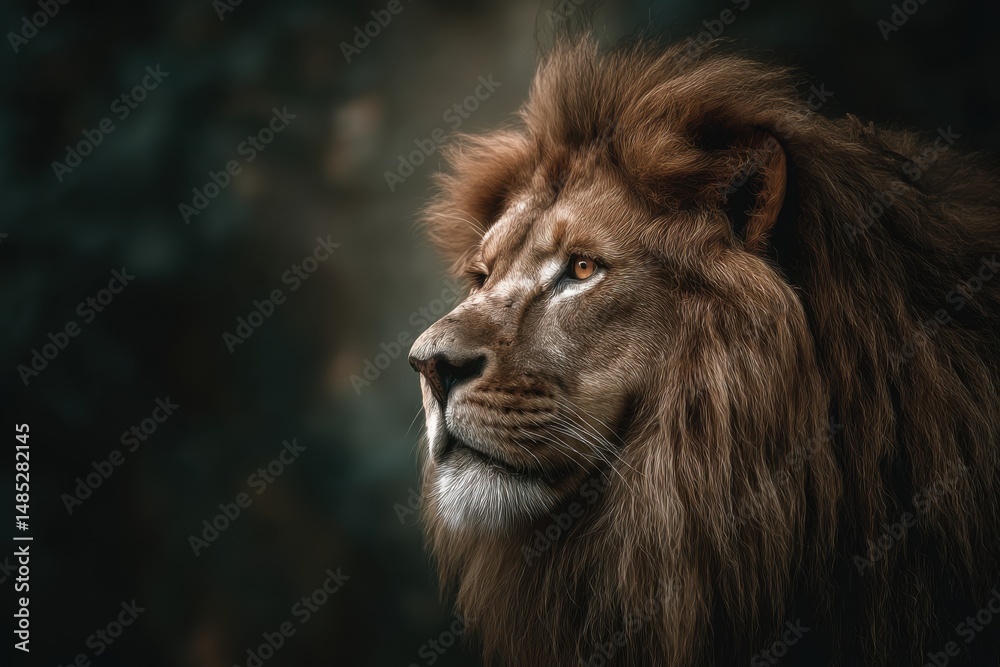 Majestic Lion Portrait in Profile Gaze with Intense Eyes and Regal Mane in Natural Habitat Setting