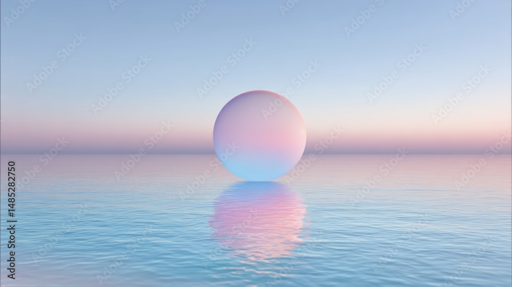 Abstract Pastel Sphere Floating Above Calm Ocean Surface Reflecting Colors of Sunrise Abstract Pastel Sphere Floating Above Calm Ocean Surface Reflecting Colors of Sunrise
