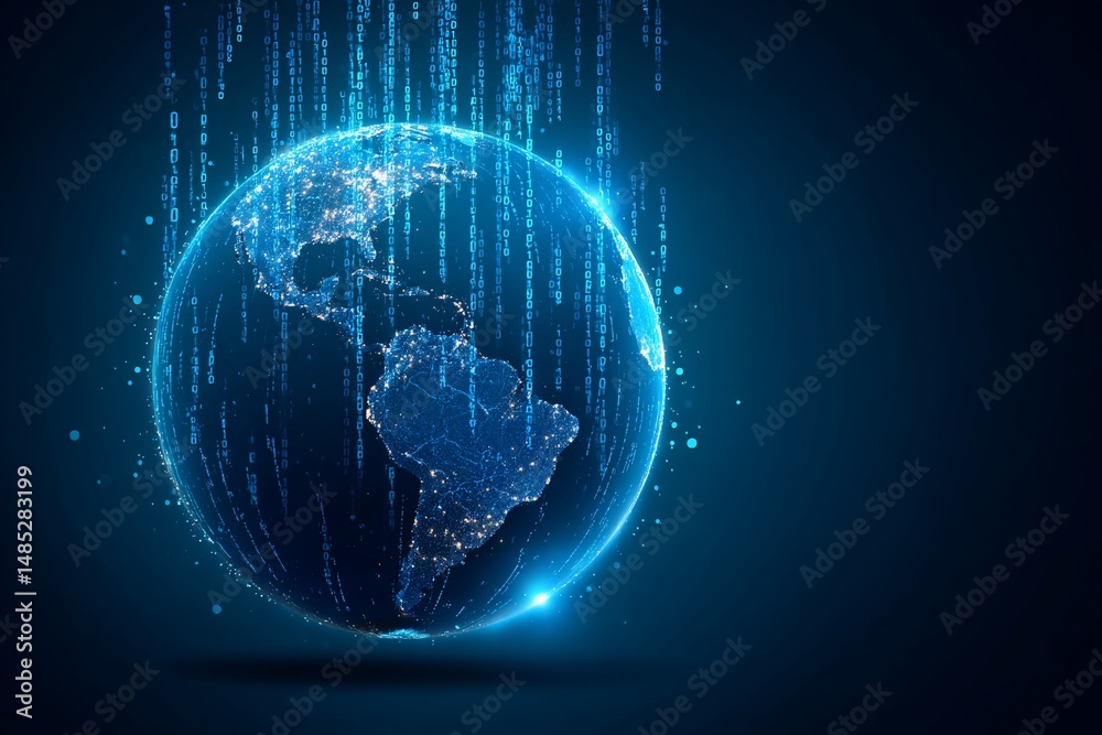 Digital Earth with data falling on illuminated cities. Global connectivity