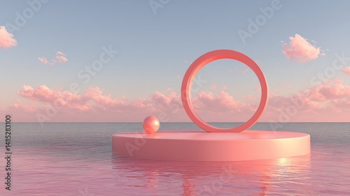 Abstract Pink Geometric Composition Featuring Sphere and Circle Floating on Water under Cloudy Sky