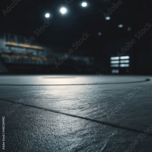 Low angle view of wrestling mat in dark gymnasium with blurred bleachers and overhead lights for competition training