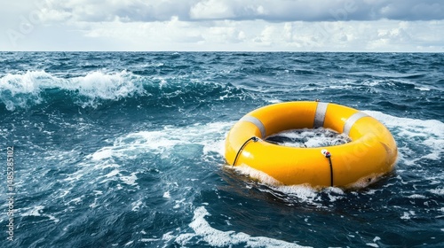 Rescue boat floating in choppy ocean waters maritime safety dramatic seascape aerial view survival concept