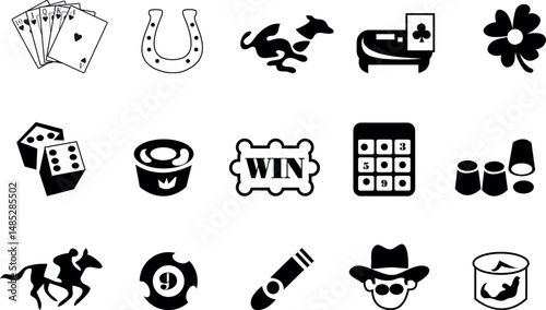 Collection of black and white gambling themed icons representing luck and games of chance