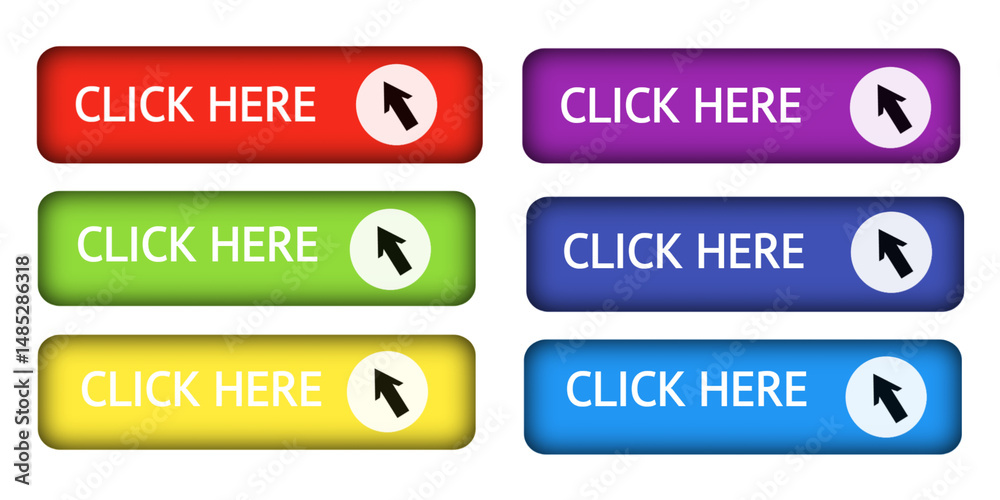 Colorful Click Here Button Set – Gradient Style with Cursor Icons (6 Variants) Colorful Click Here Button Set – Gradient Style with Cursor Icons (6 Variants)