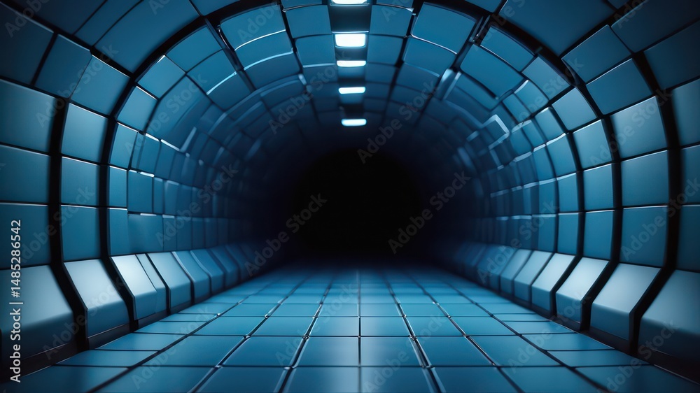 Obraz premium Abstract Futuristic Tunnel Dark Blue Tiles and Glowing Lights