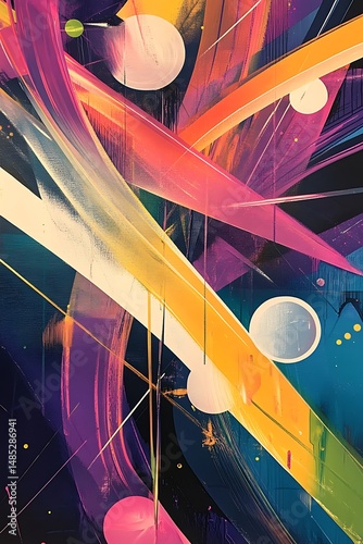 Dynamic Colorful Geometry Featuring Glowing Circles And Sharp Intersecting Lines In Vibrant Modern Style - Empty Template