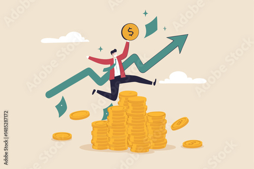 Success investing, growing wealth or being rich from pension or mutual fund, stock market return, money or financial success concept, rich businessman jump high on money coin stack with growth graph.