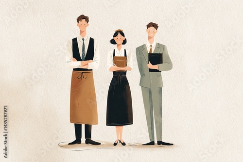 waiting staff, waiters on beige background, copy space, illustration, team