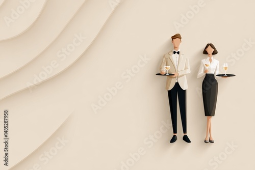 waiting staff, waiters with tray on beige background, copy space, illustration
