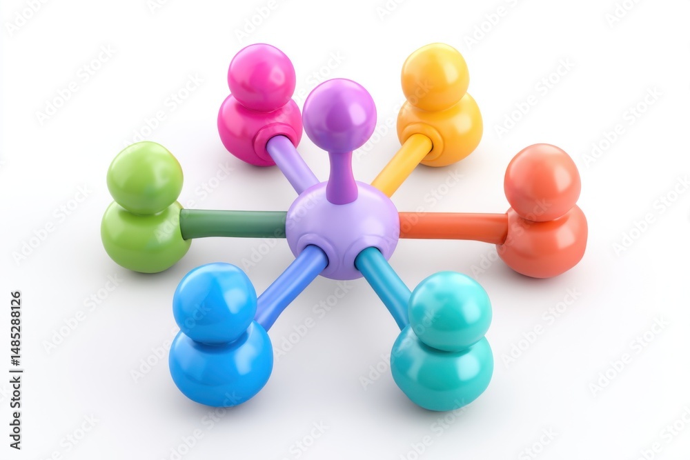 Obraz premium Colorful Network of People Connecting to Central Hub on White Background Studio Shot Symbolizing Teamwork