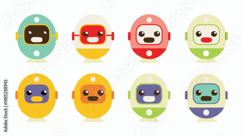 Illustration of eight colorful cartoon robots with different face colors and helmet designs aligned nicely