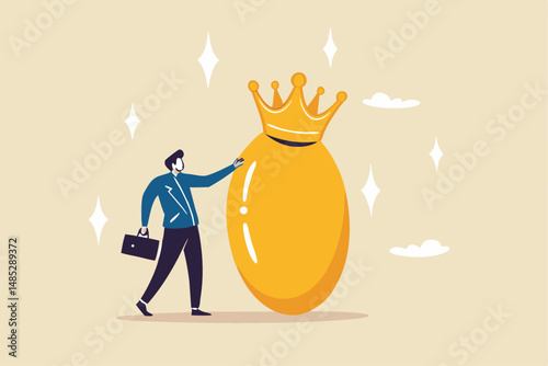 Golden egg investment, precious retirement pension fund, wealth or saving, 401k or IRA, prosperity or valuable asset concept, wealthy businessman with precious golden egg wearing crown.