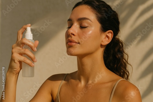Refreshing skincare mist application.