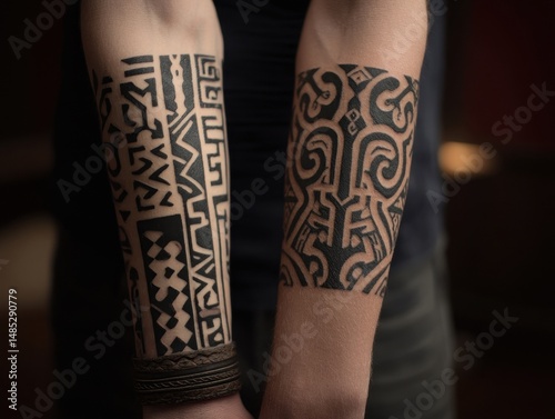 Intricate, tribal arm tattoos displayed close-up.