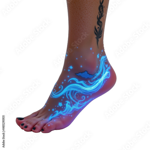 clear ankle with inner glow tattoos shaped like waves visible under skin isolated on white background using soft side lighting and product clarity composition photo