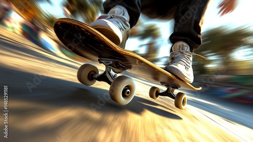 Urban Action Close-up of Skateboarder s Grip, Motion Blur, and Sunlight, Skateboarding in the City