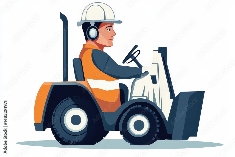 Construction Worker Operating Forklift with Safety Gear and Helmets Construction Worker Operating Forklift with Safety Gear and Helmets
