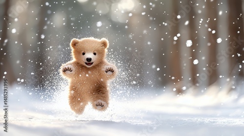 Bear Cub Jumping in Winter Snow