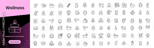 Wellness icons set for skincare and relaxation with bath, spa, and beauty elements